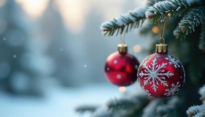 Snowflake-patterned glass ornaments hang from a frosty Christmas tree branch, seasonal decor, Christmas tree branch decorations, frosty mornings
