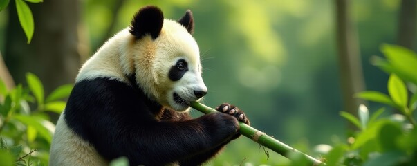 Obraz premium Panda eating bamboo, visible enclosure details, zoo enclosure, black and white, animal behavior