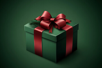Obraz premium A beautifully wrapped green gift box with a red ribbon and bow, symbolizing celebration.