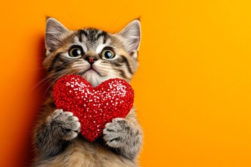 Digital ads creative. Cute scottish fold baby cat with sparkling rhinestones red heart - emblem of love, funny greeting card. Scottish fold - my cherished cat. Fluffy valentine's pet image.