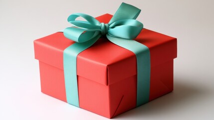 Obraz premium Bright Red Gift Box with Aqua Ribbon on Neutral Background
