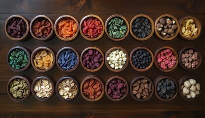 Assorted dried fruits, nuts, and grains on wood background