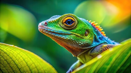 Fototapeta premium A leafy green backdrop showcases a lizard, blurred highlights.