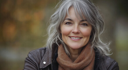 Naklejka premium Mature woman with beautiful gray hair smiles warmly, dressed in a brown scarf and leather jacket, enjoying a peaceful autumn day outdoors