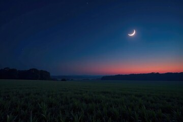 Obraz premium Night sky with a crescent moon above harvested fields, farm, evening, darkness