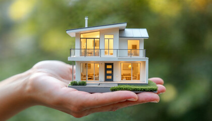 A miniature modern house in a hand, glowing warmly, showcasing fine craftsmanship.