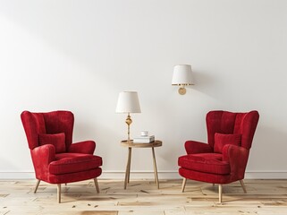 Two red armchairs with pillows. a round wooden table with a lamp and books. and two wall lamps in a white room with wooden floor