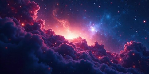 Fototapeta premium Nebulae and stars against a dark cosmic backdrop, cosmic rays, nebular gas, astronomy