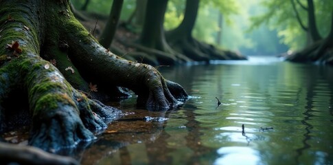 murky waters lapping against twisted tree trunks, twigs, blue