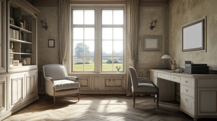 Fototapeta premium Elegant Home Office Interior with Natural Light and Scenic View