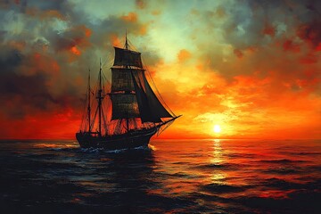 Obraz premium Yacht in the sea at sunset
