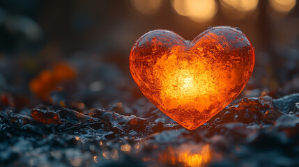 Glowing Heart Shape Amber Glass Romantic Love Symbolism fire warm dark life light shiny still image 