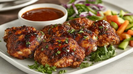 A plate of grilled chicken thighs with sauce, served with vegetables and herbs.