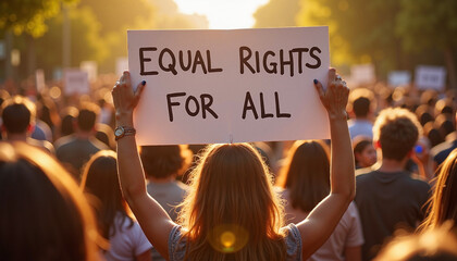A crowd of women holding an “Equal Rights for All” sign, advocating for gender equality and justice.