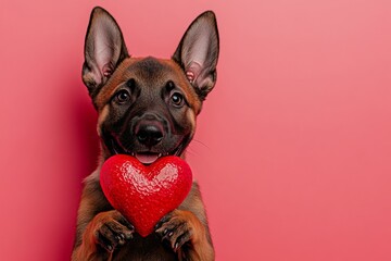 Obraz premium Belgian malinois - my cherished dog. Marketing visual design. Cute belgian malinois canine with diamond red heart - sign of love, funny greeting card. Dogs and love. Pet love. Red hear.