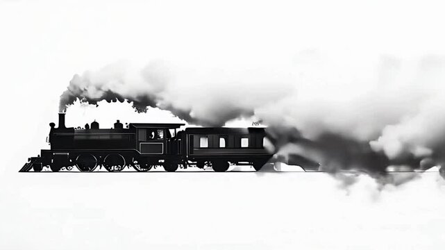 steam locomotive silhouette isolated over white background; abstract steam puff covering the train