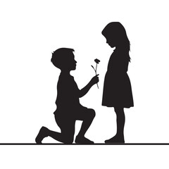 A silhouette of a boy giving flowers to a girl On white background. 