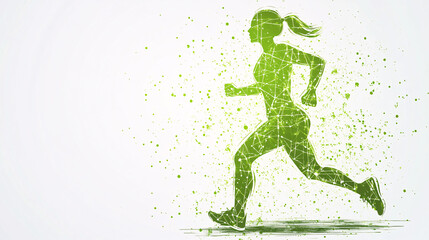 A digital green silhouette of a running woman composed of splattered particles on a white background symbolizing fitness and energy
