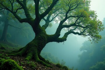 Moss-covered ancient tree branches stretching towards misty sky, mist, trees