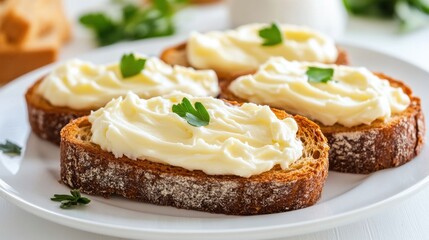 Freshly Toasted Bread Slices Topped with Creamy Butter and Herbs