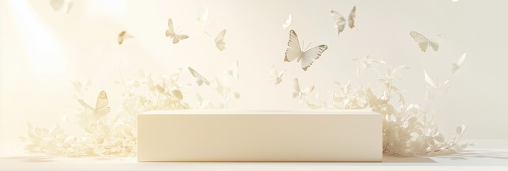 Minimalist podium surrounded by elegant white butterflies in a tranquil setting