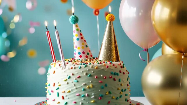 Colorful birthday scene with a cake, balloons, and festive decorations.

