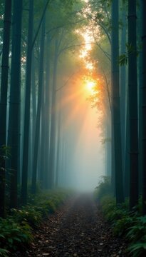 Misty bamboo forest at dawn with fog rolling in, fog, atmosphere