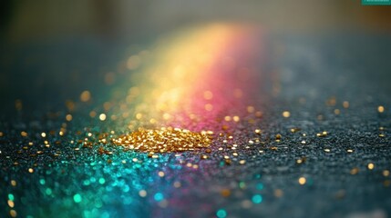 A vibrant display of glitter in gold, teal, and pink hues creates a sparkling, colorful scene. The texture and light play beautifully together.