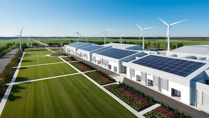 Sustainable Energy Facility with Solar Panels and Wind Turbines, Green Power Infrastructure, Renewable Energy Buildings, Eco-Friendly Industrial Complex, Clean Energy Solution