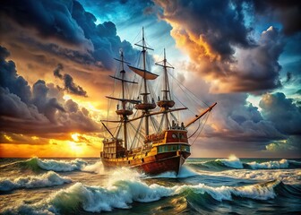 Fototapeta premium AI-generated pirate ship, tempestuous waves, rule of thirds composition.