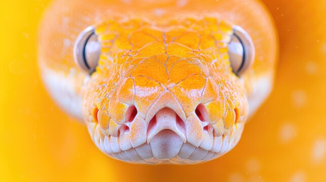 Close-up yellow snake portrait, amber background