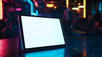 High-end tablet with a sleek frame, set in a gaming desk with vibrant RGB lighting, displaying a white screen