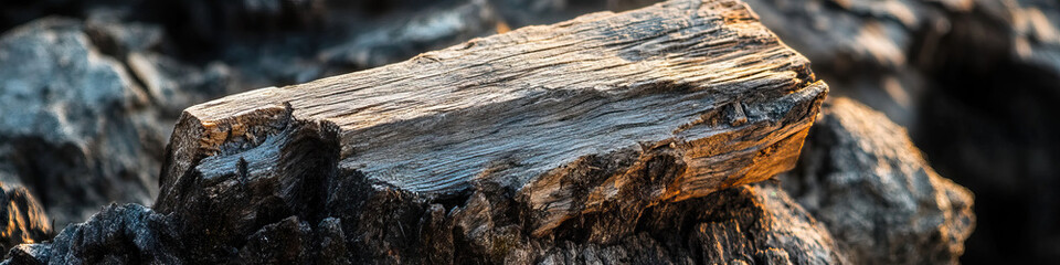 Weathered Wood Piece on Charred Wood Surface