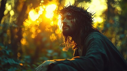 double exposure of jesus christ with crown of thorns in forest retro vintage effect