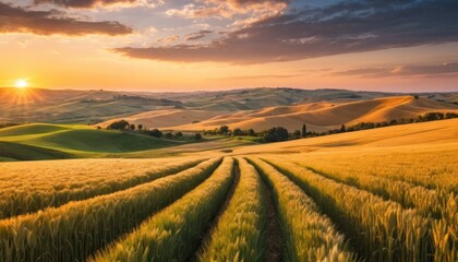 Obraz premium Rolling Hills with Golden Wheat Fields at Sunset