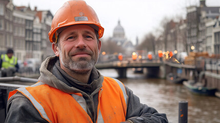 A smiling construction worker wearing an orange safety vest and helmet standing near a canal with historic buildings in the background
