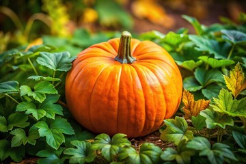 Autumnal bounty: ripe pumpkin, lush leaves.