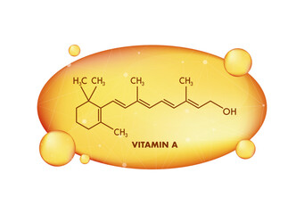 Vitamin A, retinol, structural chemical formula, golden drop shape, serum bubbles