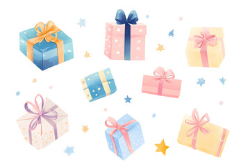 A collection of colorful gift boxes with ribbons and stars, perfect for celebrations.