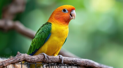 Fototapeta premium Sun Parakeet perched on branch, lush green background, zoo enclosure