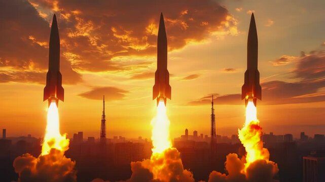 video of Nuclear missiles are aimed at the clear sky. Social issues. Conflict. Economic instability.