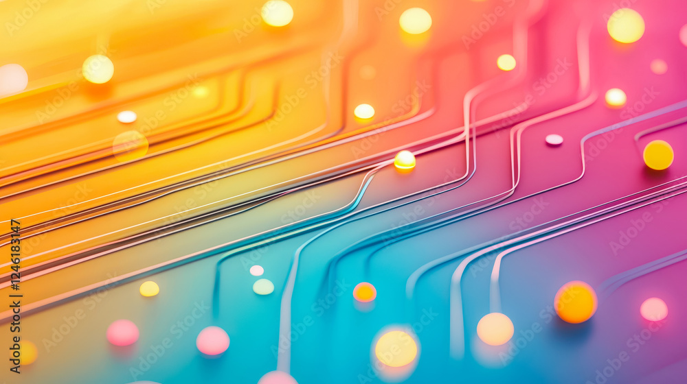Aufkleber Dynamic patterns of glowing dots and flowing lines create an abstract circuit design with vibrant colors, suggesting technology and innovation