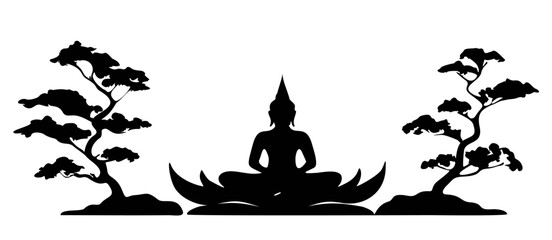 Vesak Day Monochrome Silhouette – Buddha Meditation on Lotus