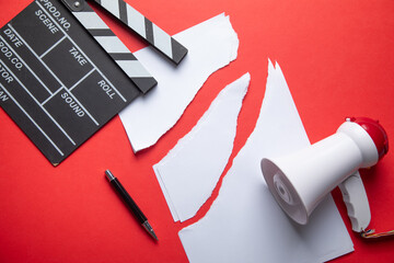 Torn documents, TV remote controller, movie clapper board, megaphone.