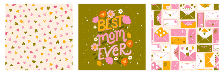 Lovely hand drawn Mother's Day seamless patterns and hand lettering, cute envelopes with decorations background - great for textiles, cloth, banners, wallpapers, wrapping, vector