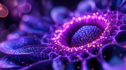 Close-up of vibrant purple flower with glowing details and bokeh background
