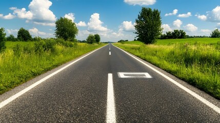 Fototapeta premium Scenic Open Road Stretching Through Lush Green Landscape Under Blue Sky