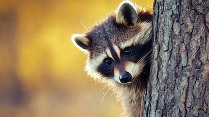 Curious raccoon peeking tree autumn forest nature wildlife