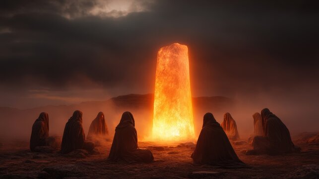 A tranquil display of cloaked figures sitting around a luminous obelisk in a mystical setting, bringing forth themes of peace, contemplation, and deep reflection on existence.