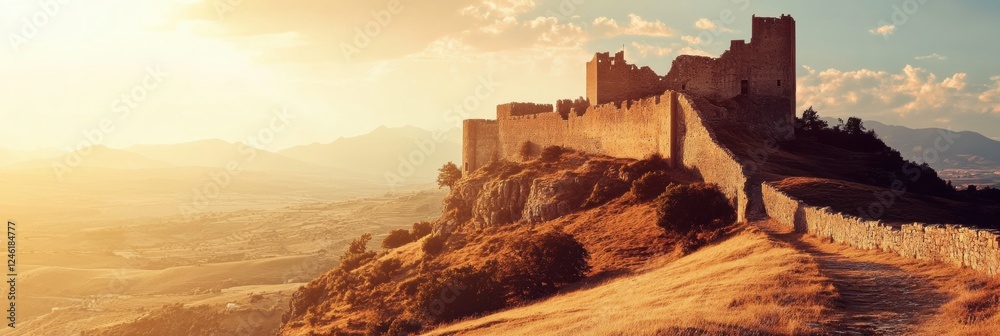 Poster sunset glow over an ancient castle on a hilltop with serene landscape and space for text. generative